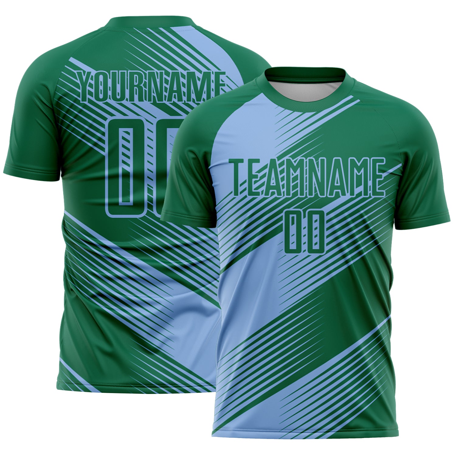 Custom Kelly Green Light Blue Line Sublimation Soccer Uniform Jersey
