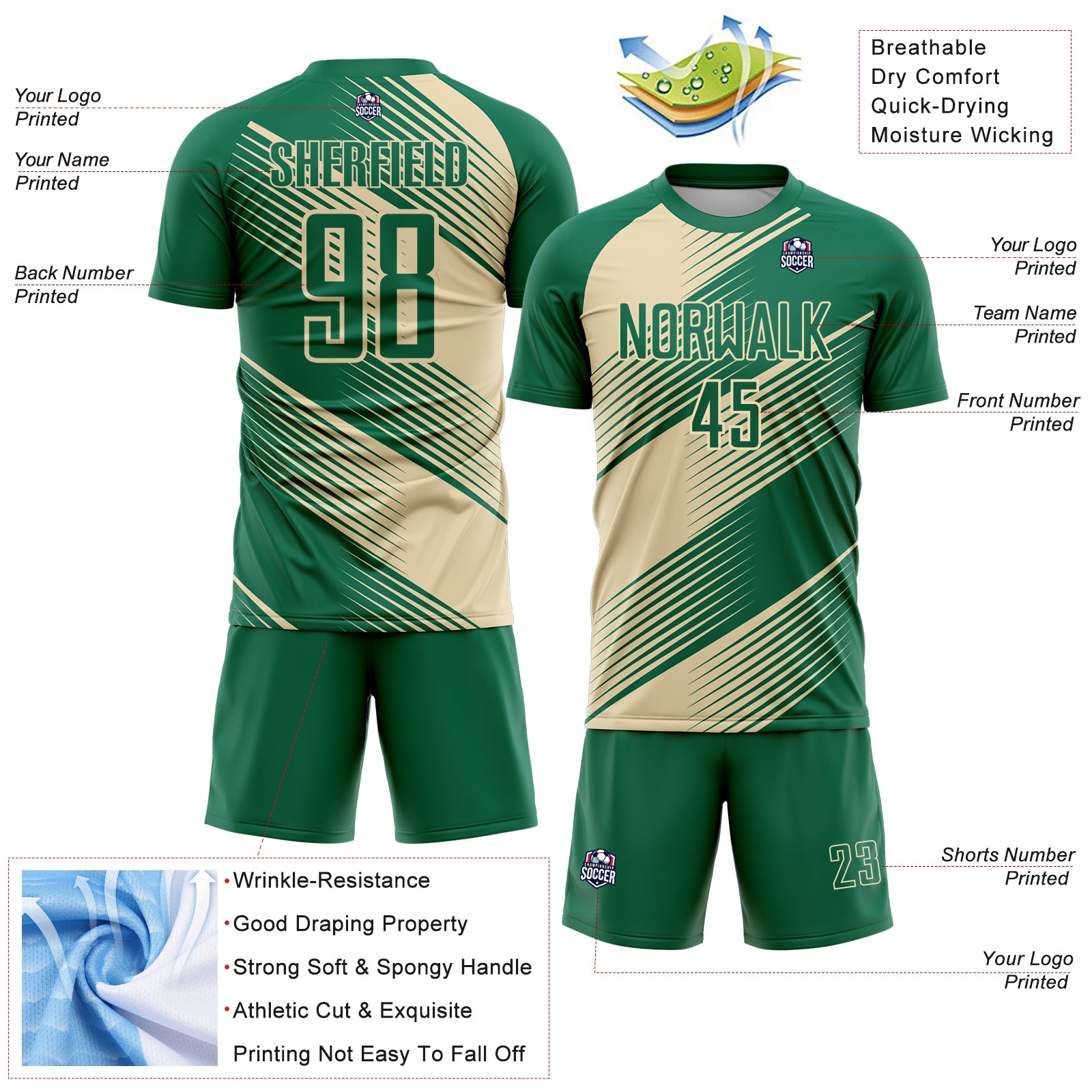 Custom Kelly Green Cream Line Sublimation Soccer Uniform Jersey - Image 2