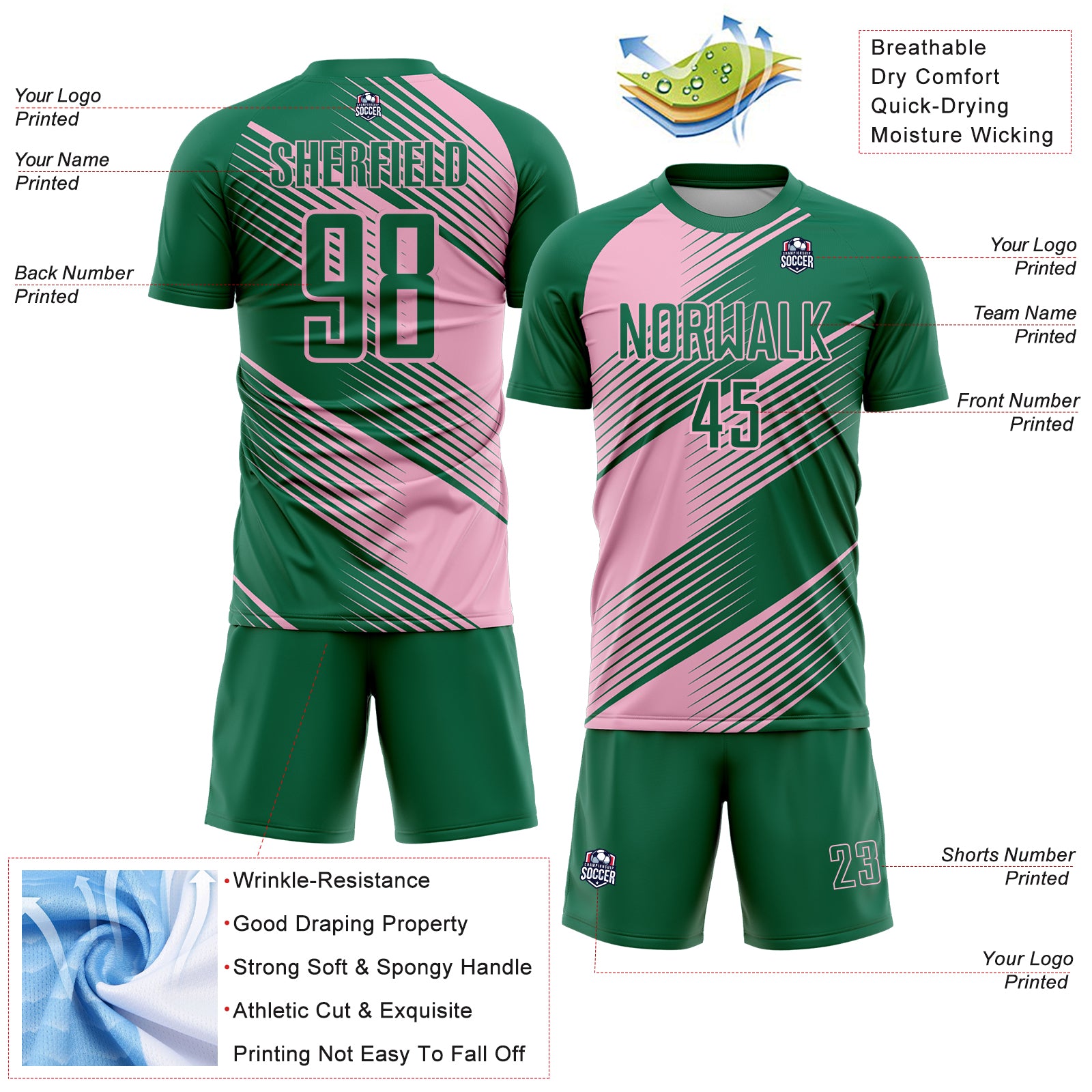 Custom Kelly Green Light Pink Line Sublimation Soccer Uniform Jersey - Image 2
