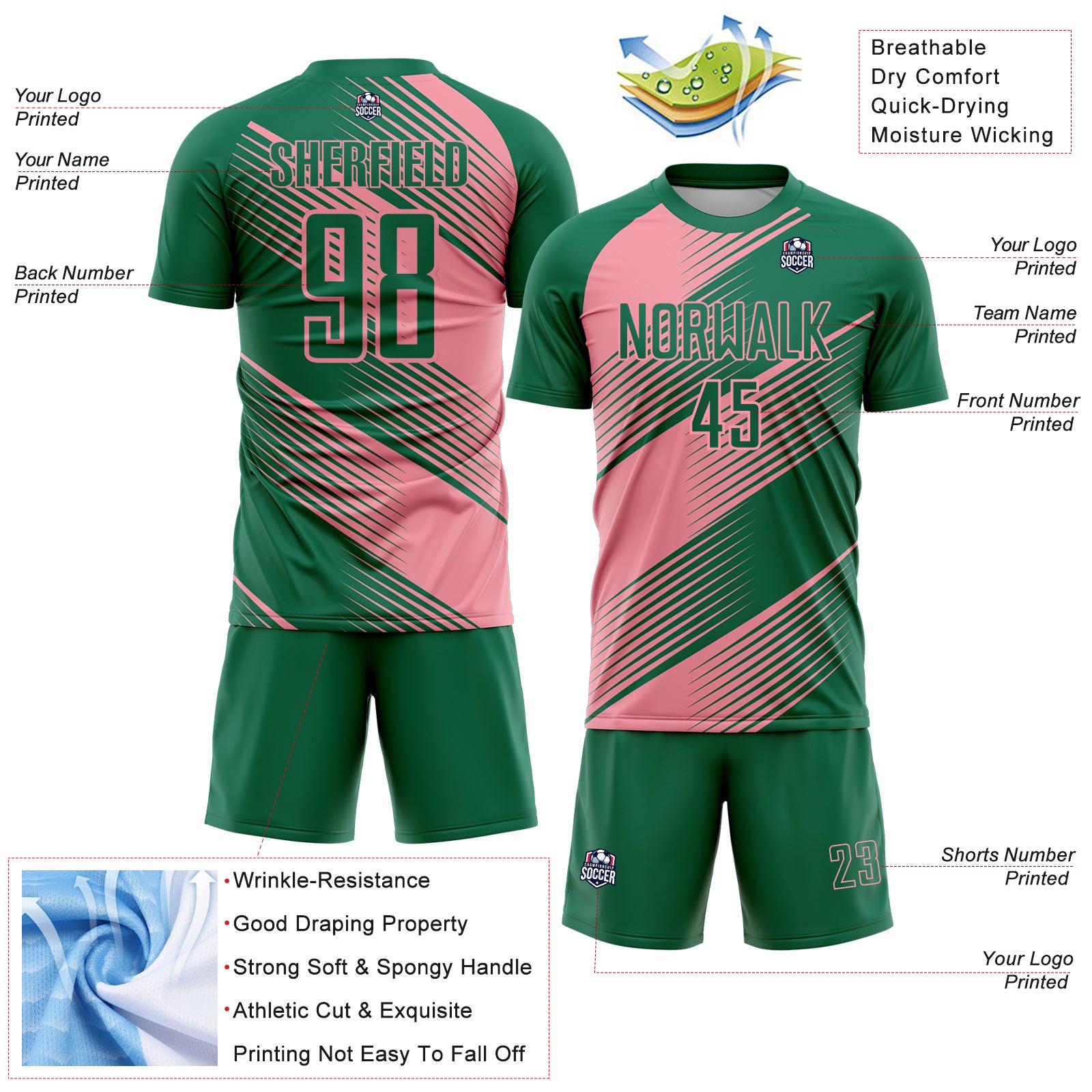 Custom Kelly Green Medium Pink Line Sublimation Soccer Uniform Jersey - Image 2