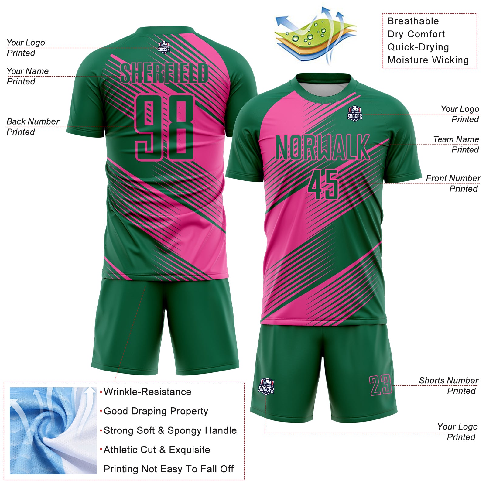 Custom Kelly Green Pink Line Sublimation Soccer Uniform Jersey - Image 2