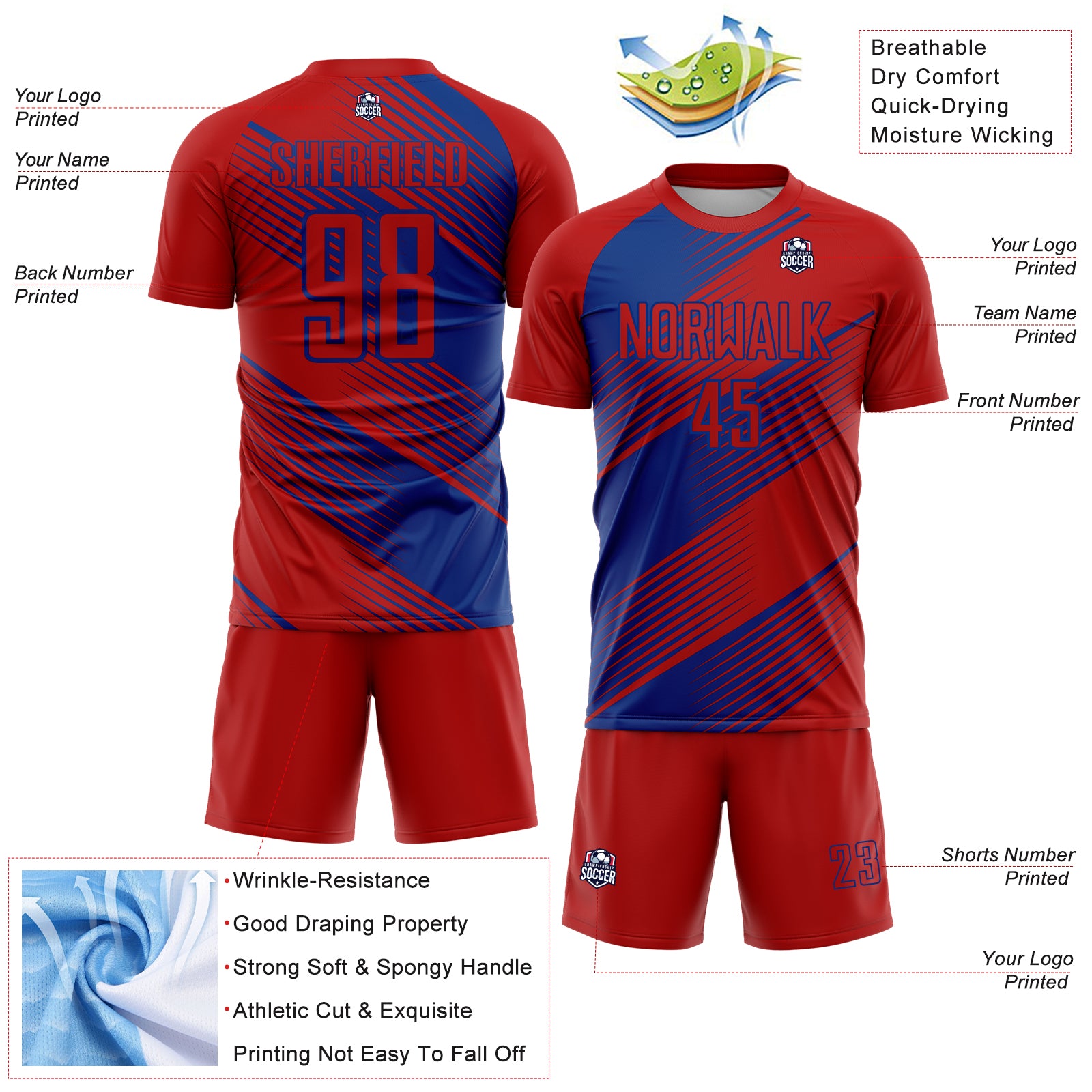 Custom Red Royal Line Sublimation Soccer Uniform Jersey - Image 2