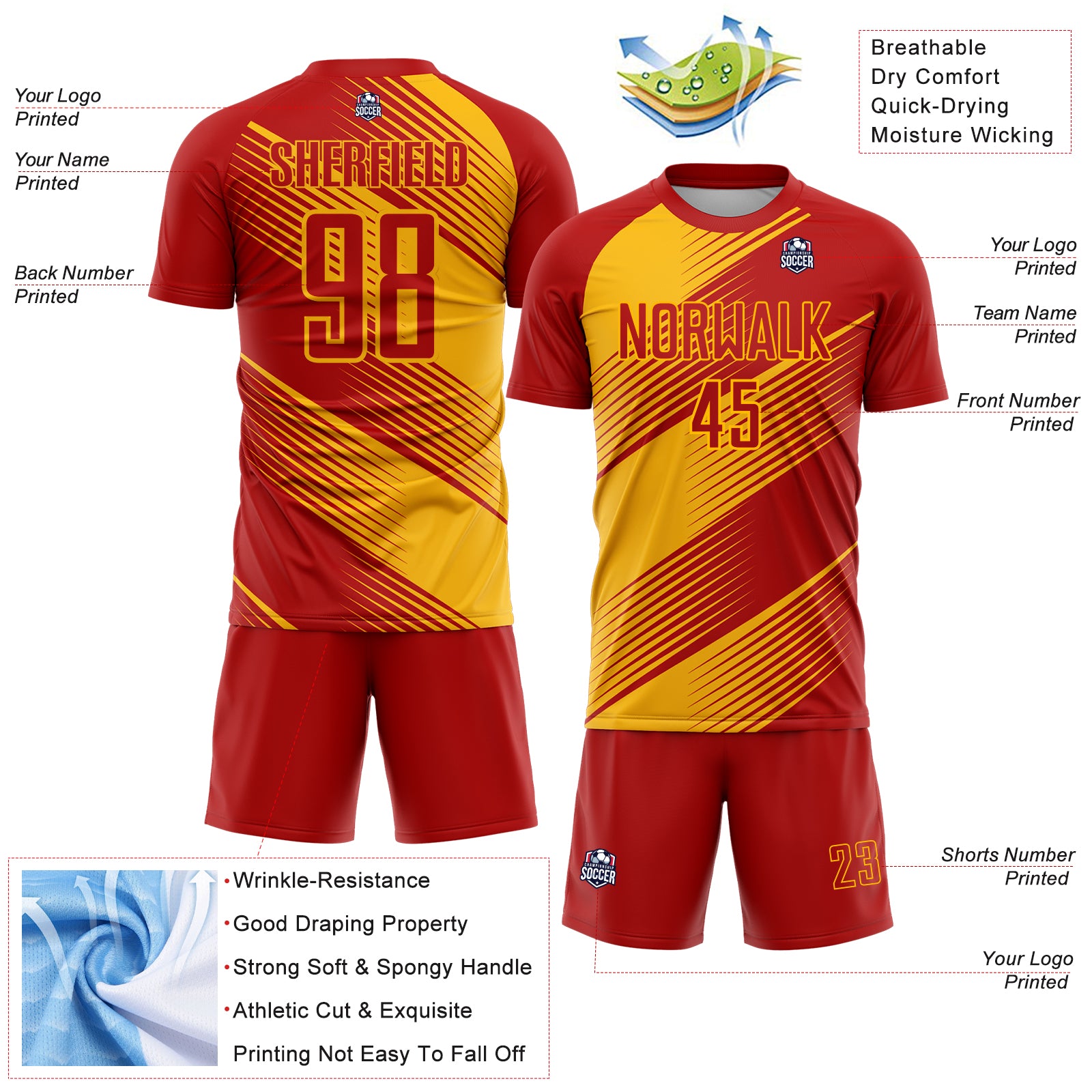 Custom Red Gold Line Sublimation Soccer Uniform Jersey - Image 2