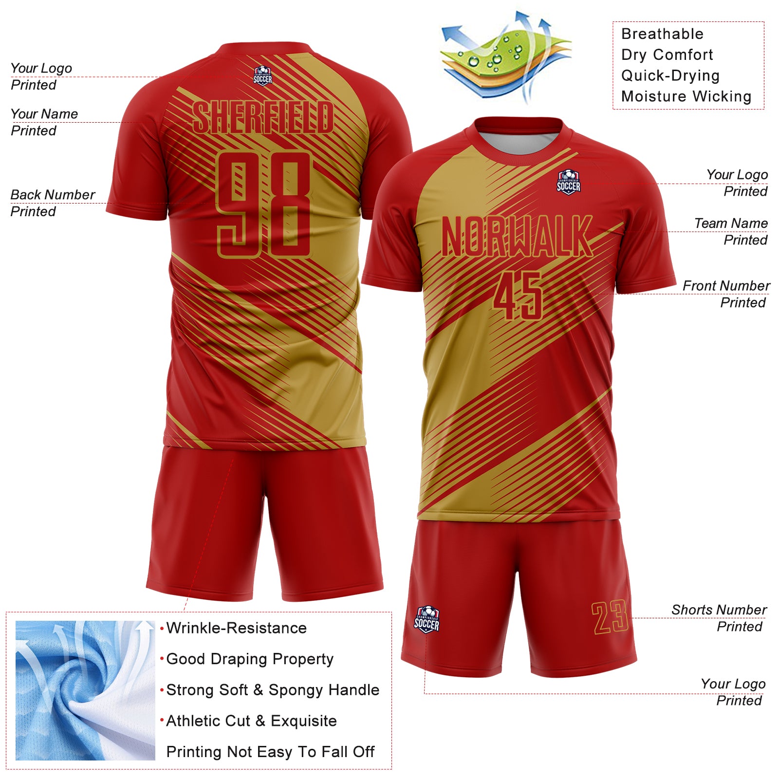 Custom Red Old Gold Line Sublimation Soccer Uniform Jersey - Image 2