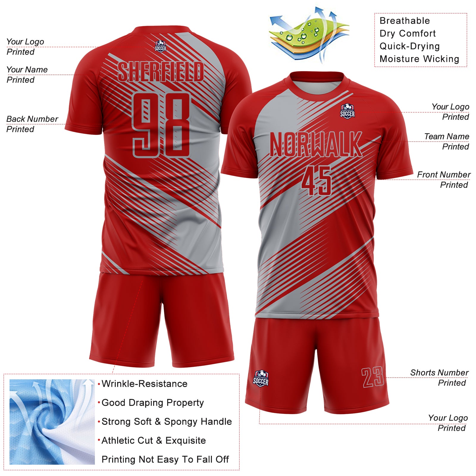 Custom Red Gray Line Sublimation Soccer Uniform Jersey - Image 2