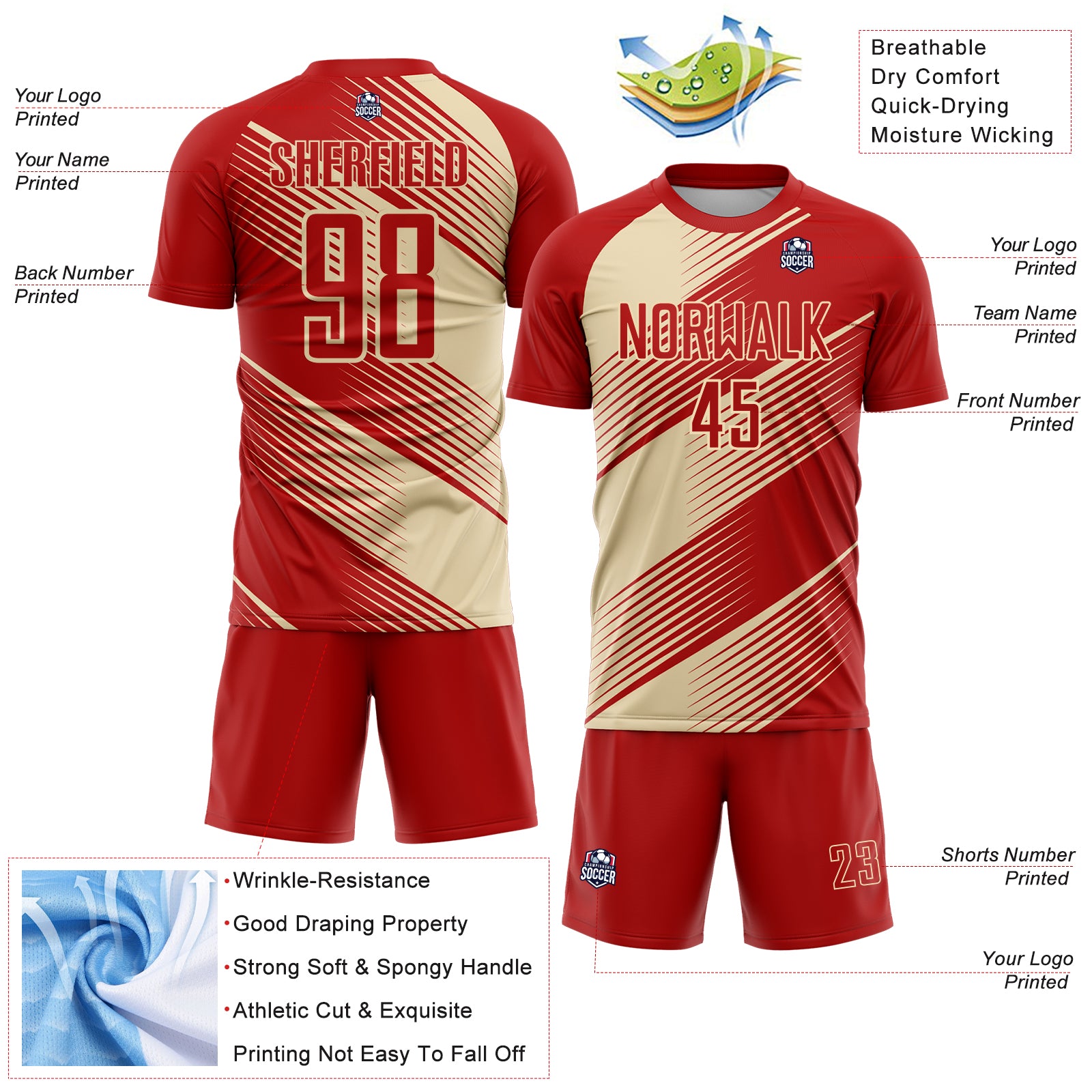 Custom Red Cream Line Sublimation Soccer Uniform Jersey - Image 2