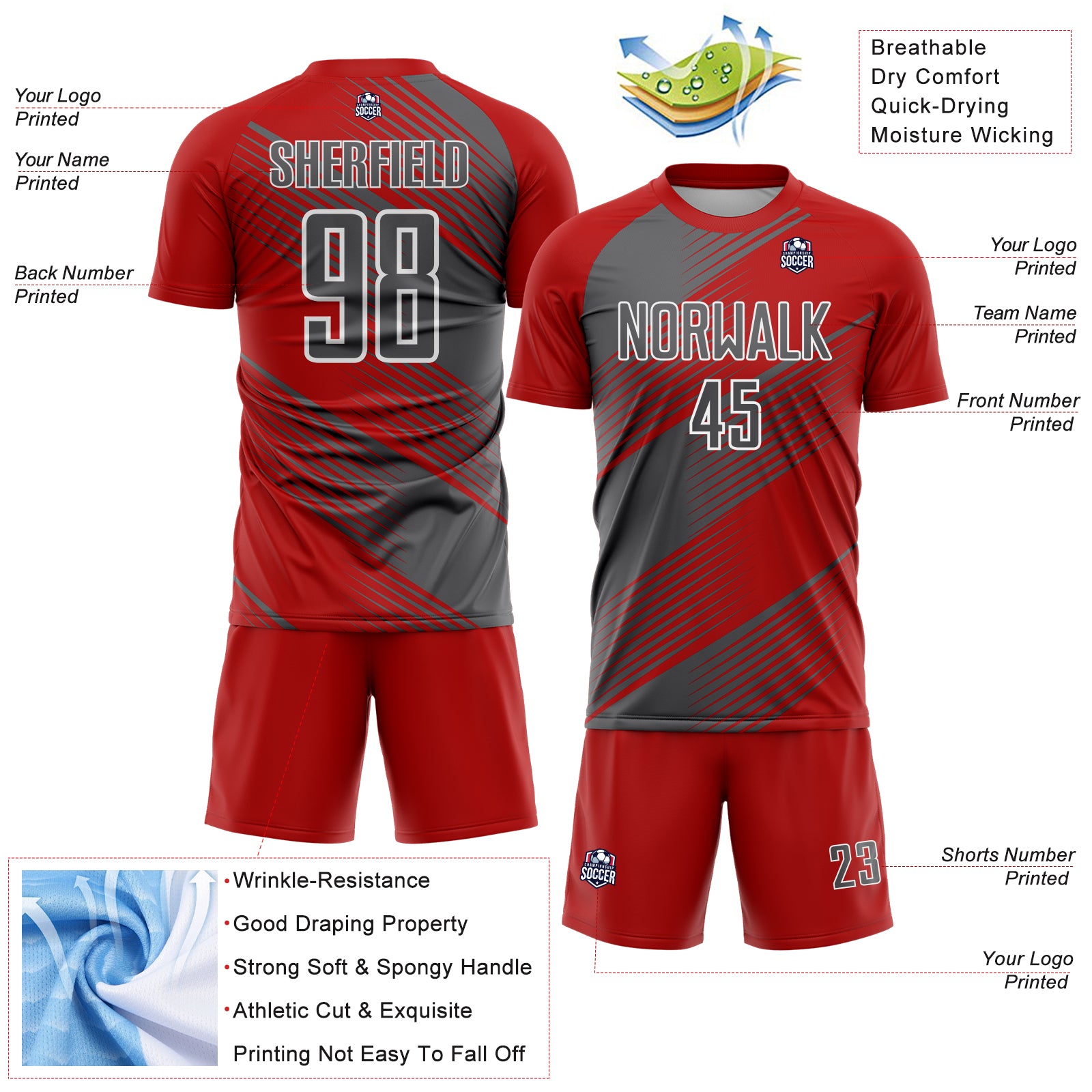 Custom Red Steel Gray-White Line Sublimation Soccer Uniform Jersey - Image 2