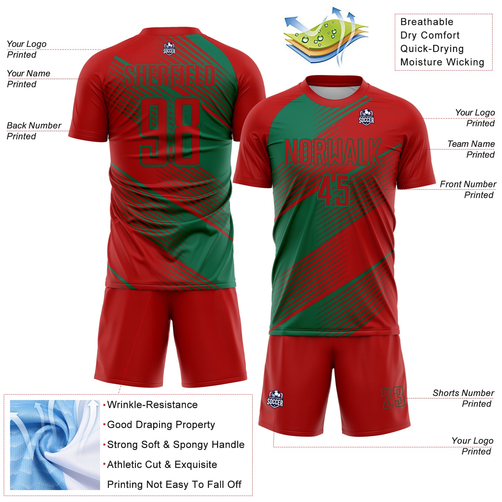 Custom Red Kelly Green Line Sublimation Soccer Uniform Jersey - Image 2