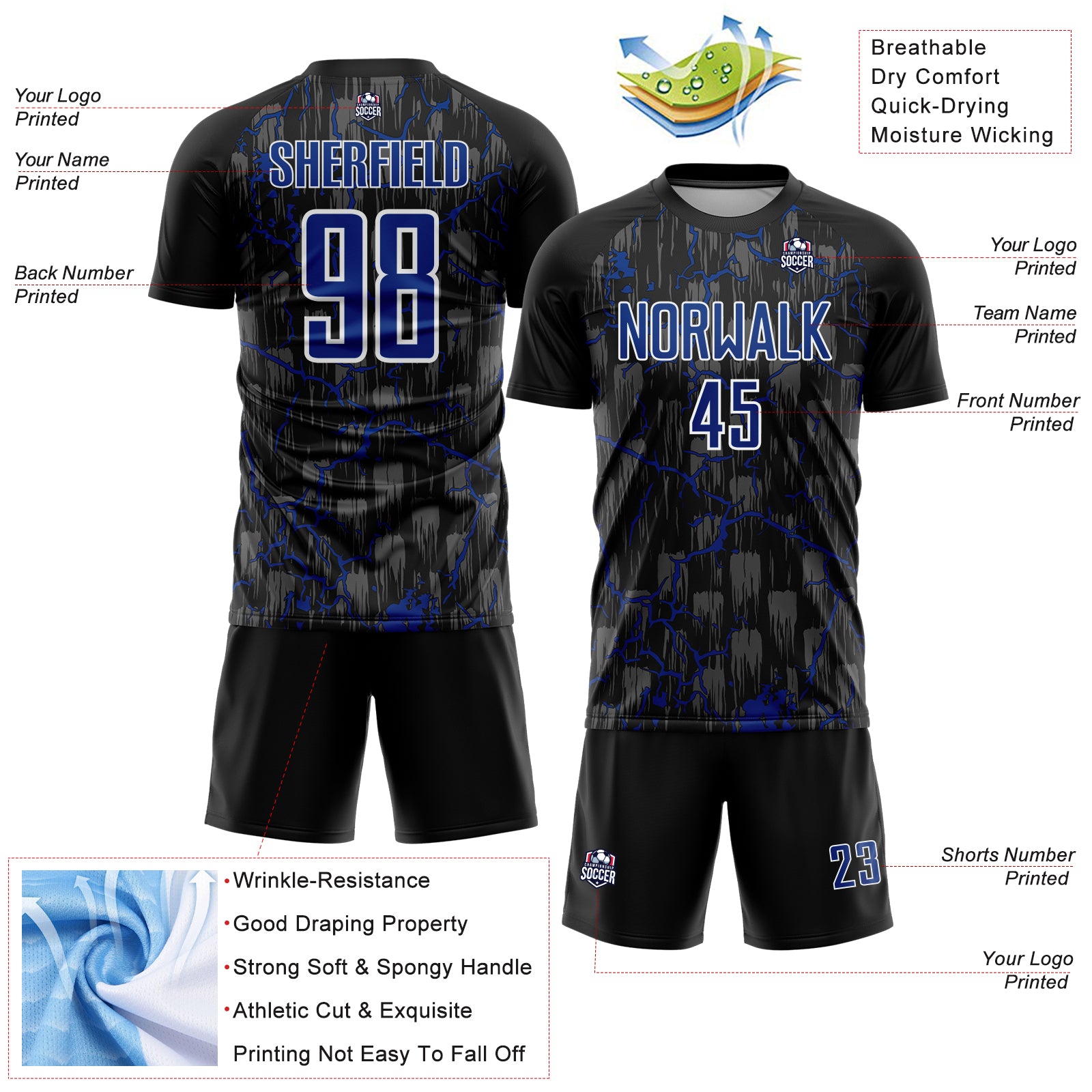 Custom Black Royal-White Lightning Sublimation Soccer Uniform Jersey - Image 2