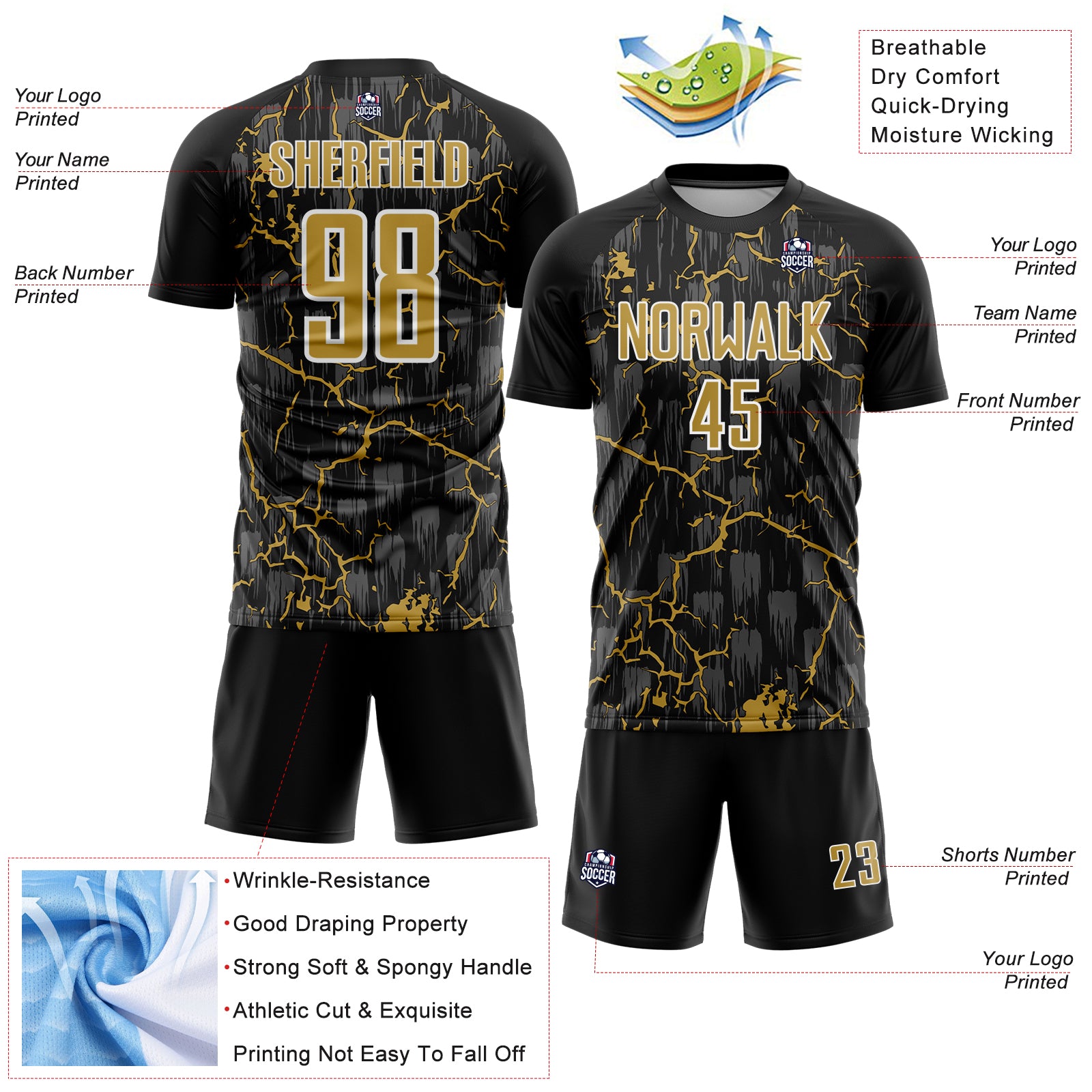 Custom Black Old Gold-White Lightning Sublimation Soccer Uniform Jersey - Image 2