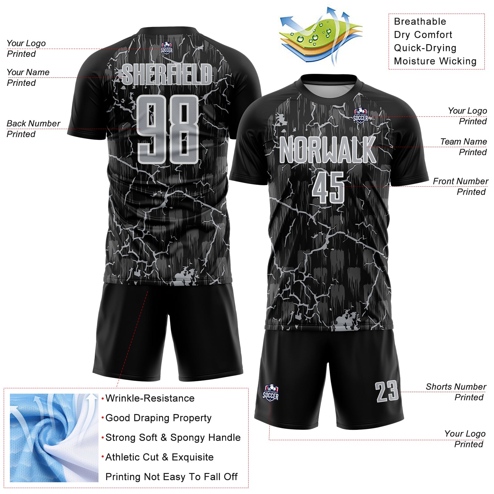 Custom Black Gray-White Lightning Sublimation Soccer Uniform Jersey - Image 2