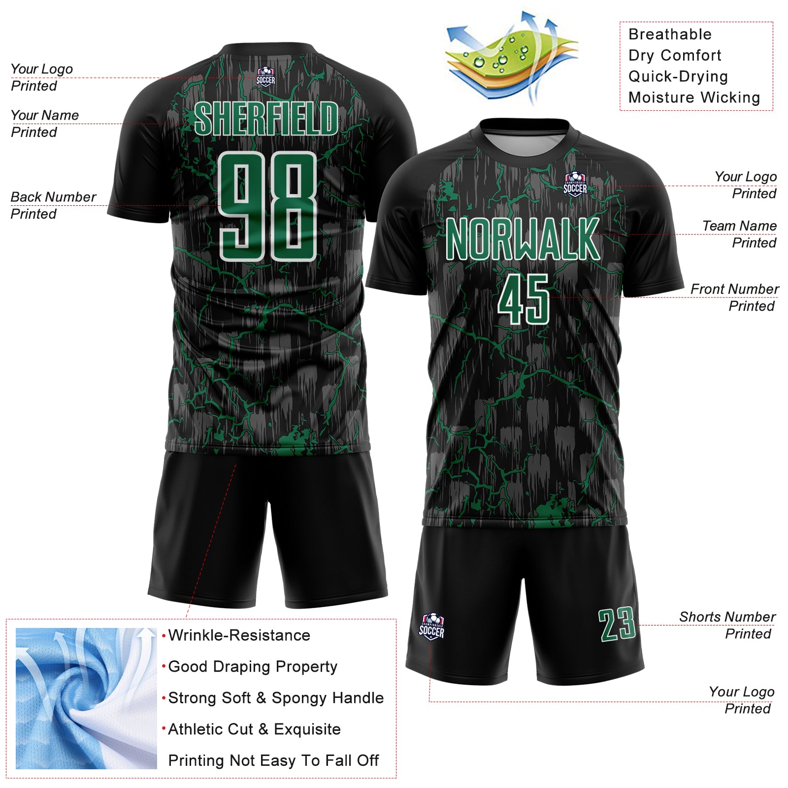 Custom Black Kelly Green-White Lightning Sublimation Soccer Uniform Jersey - Image 2