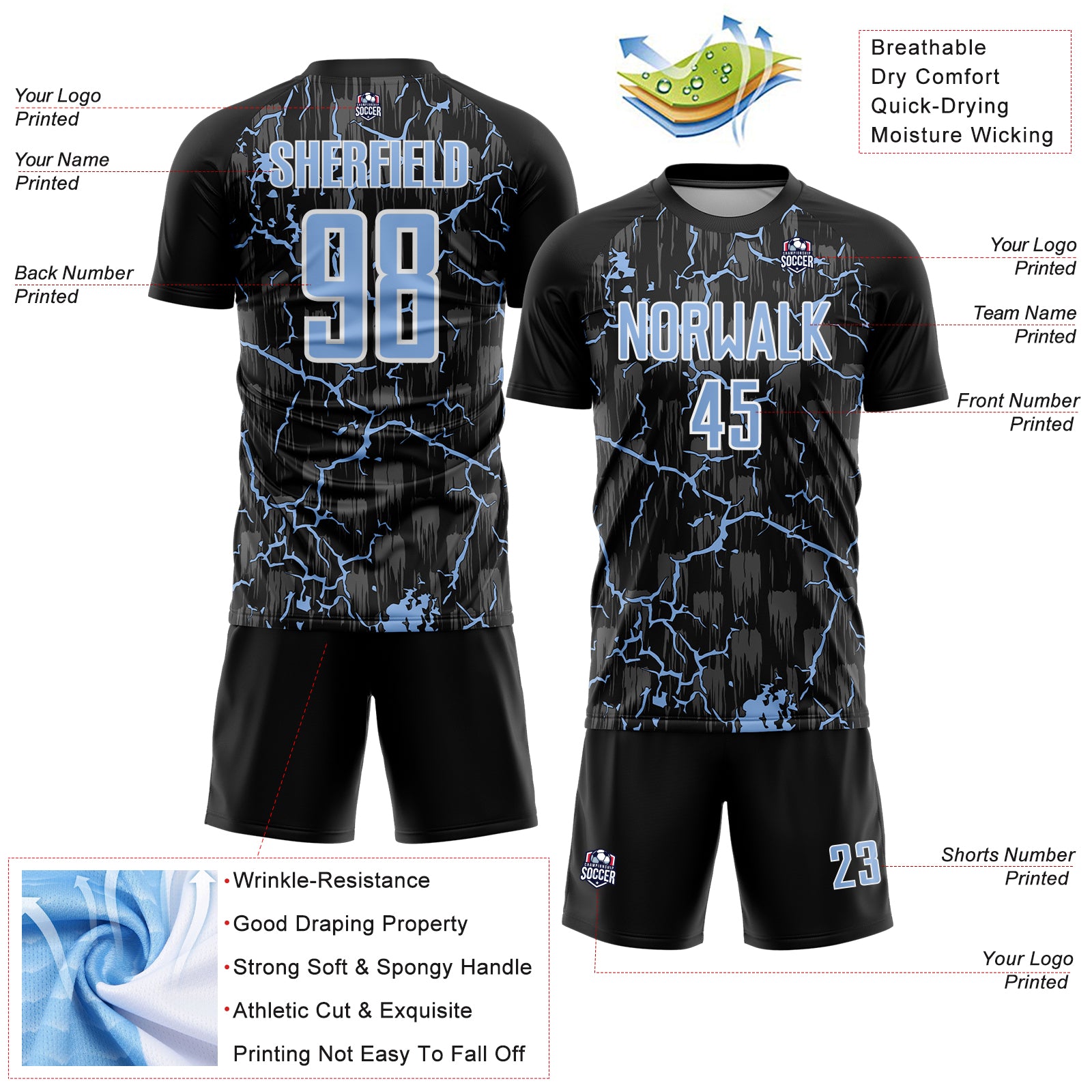 Custom Black Light Blue-White Lightning Sublimation Soccer Uniform Jersey - Image 2