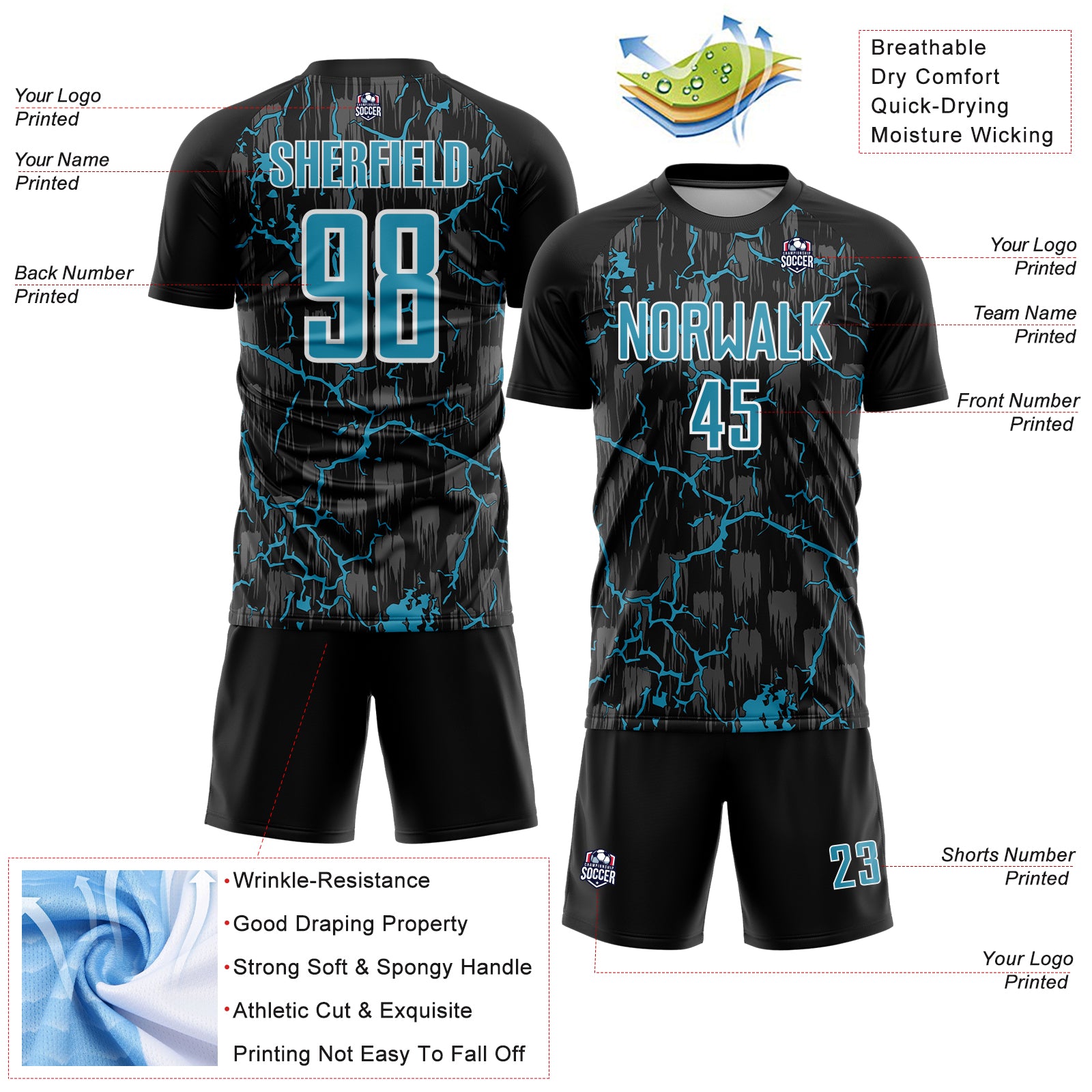 Custom Black Panther Blue-White Lightning Sublimation Soccer Uniform Jersey - Image 2