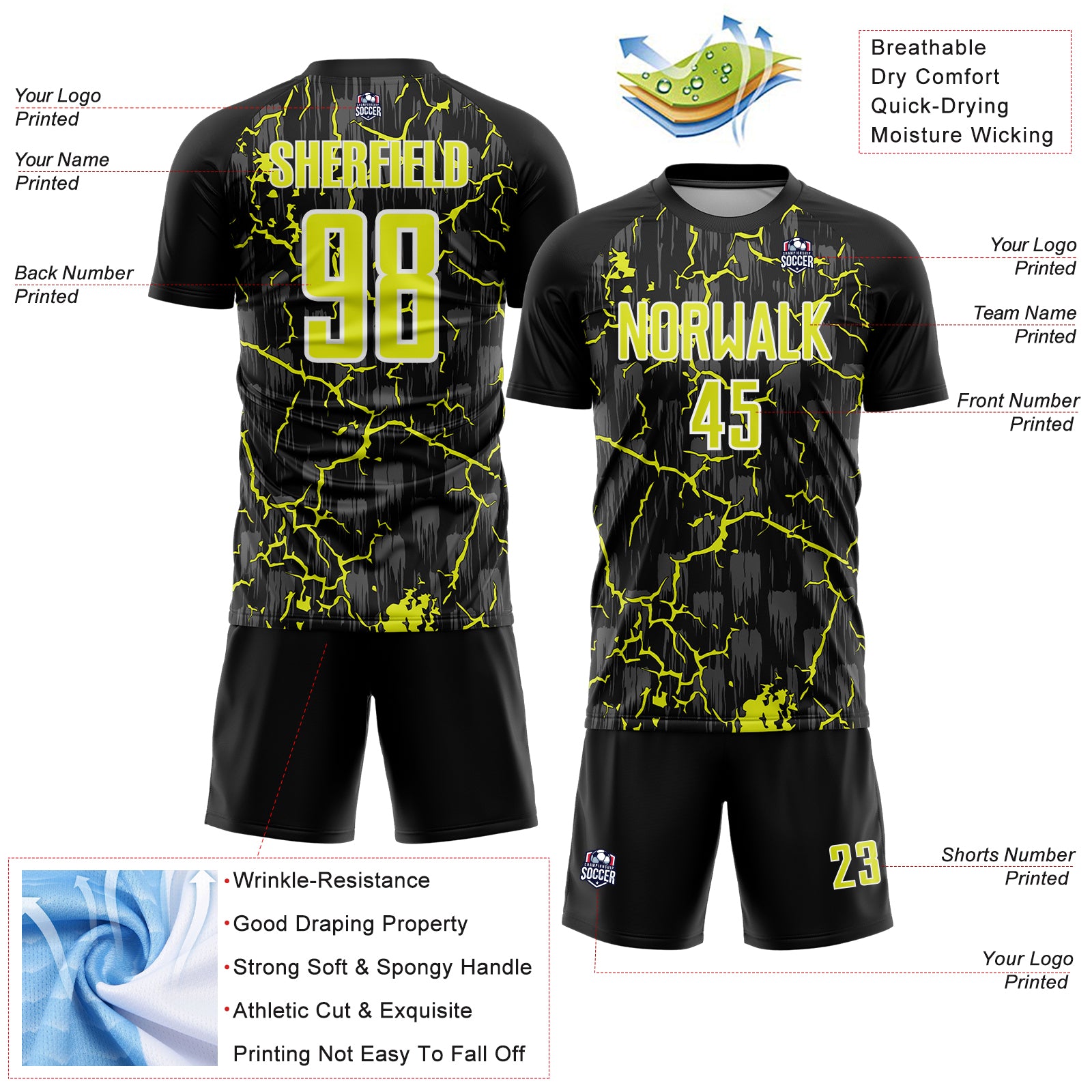 Custom Black Neon Yellow-White Lightning Sublimation Soccer Uniform Jersey - Image 2